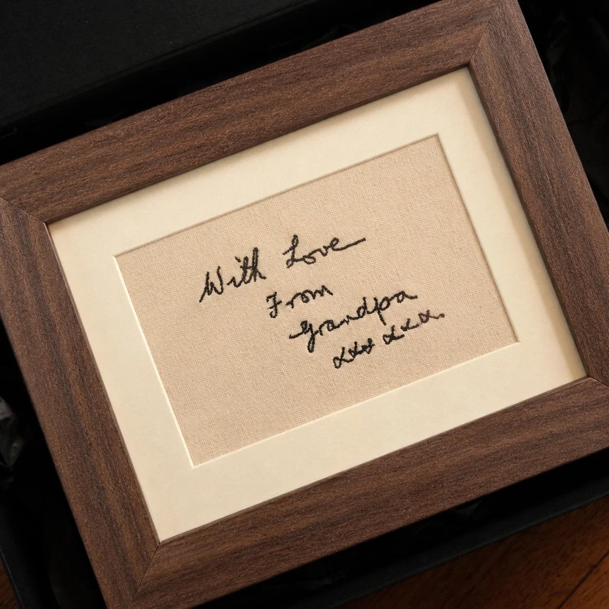 Close-up of black embroidered handwriting