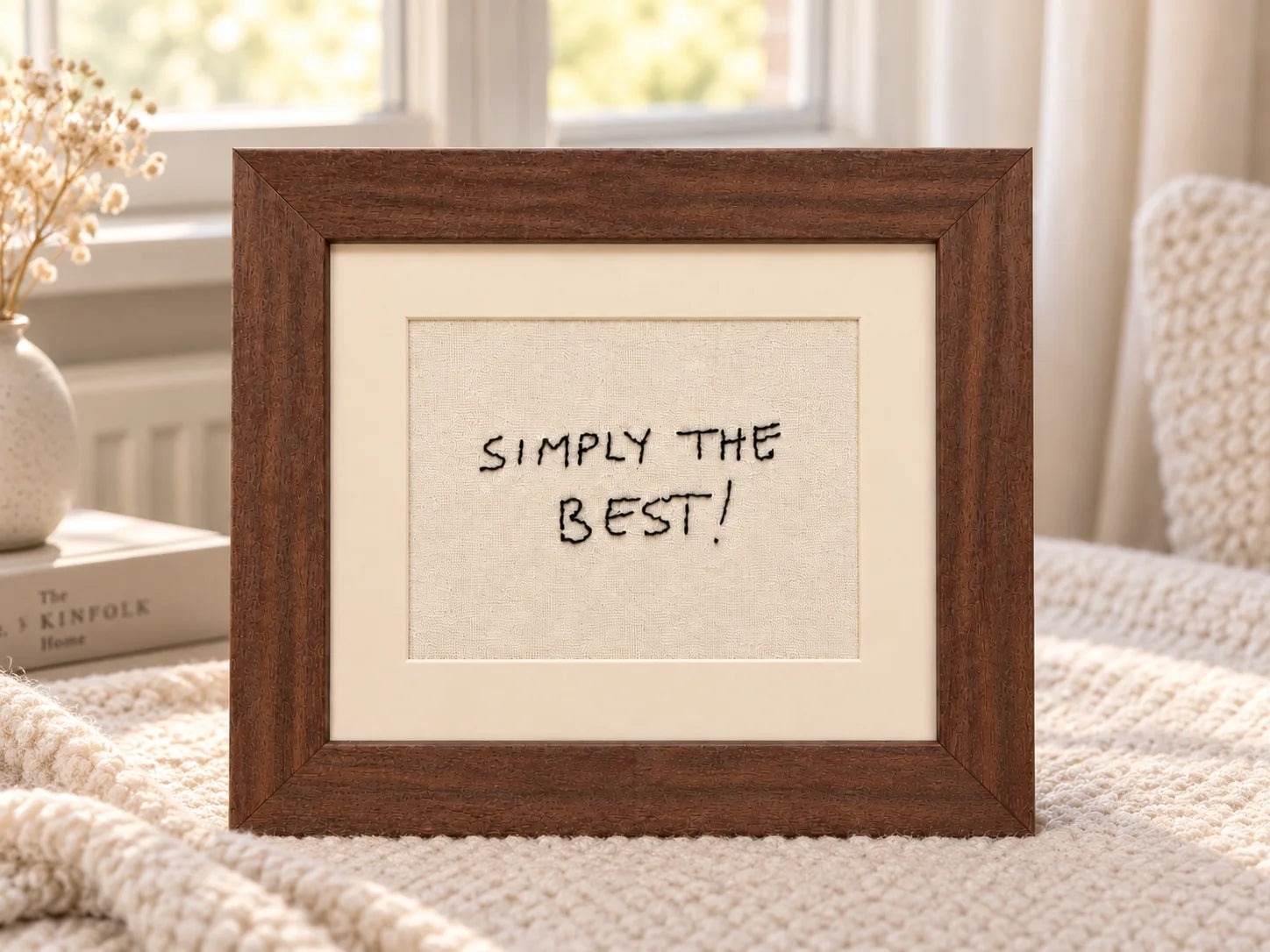 A front-facing walnut frame containing the handwritten phrase Simply the Best in a softly styled home setting