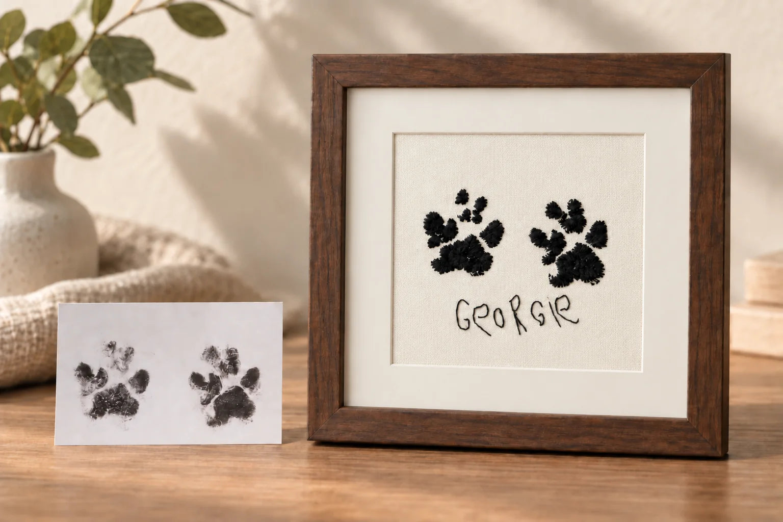 Dog paw prints recreated in black thread