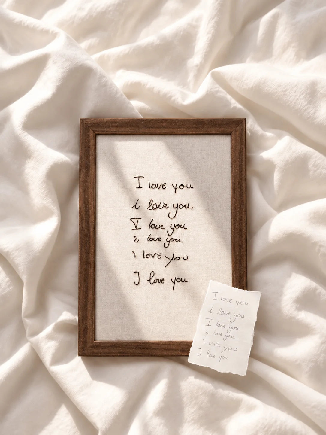 A handwritten I love you note embroidered in black thread and framed in walnut on soft white cotton