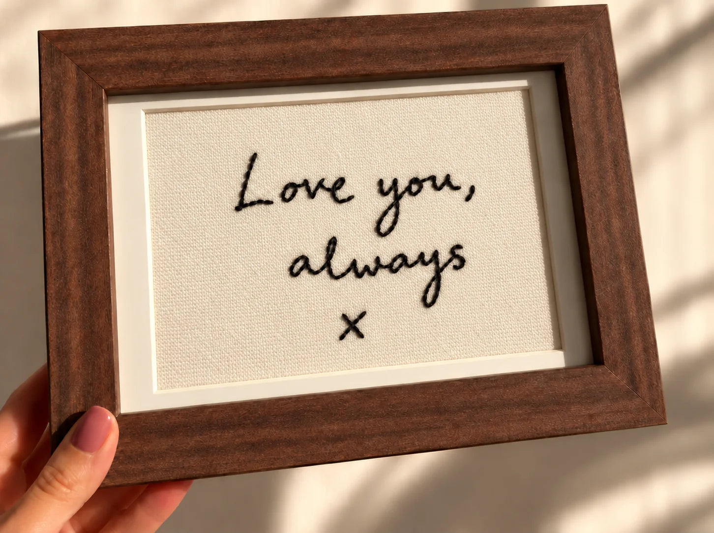 Love you always embroidered in black thread