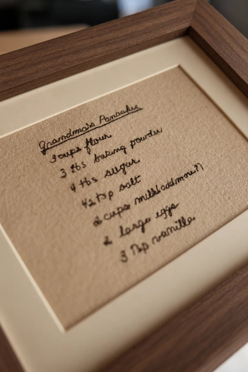 A handwritten family pancake recipe embroidered in black thread on natural cotton